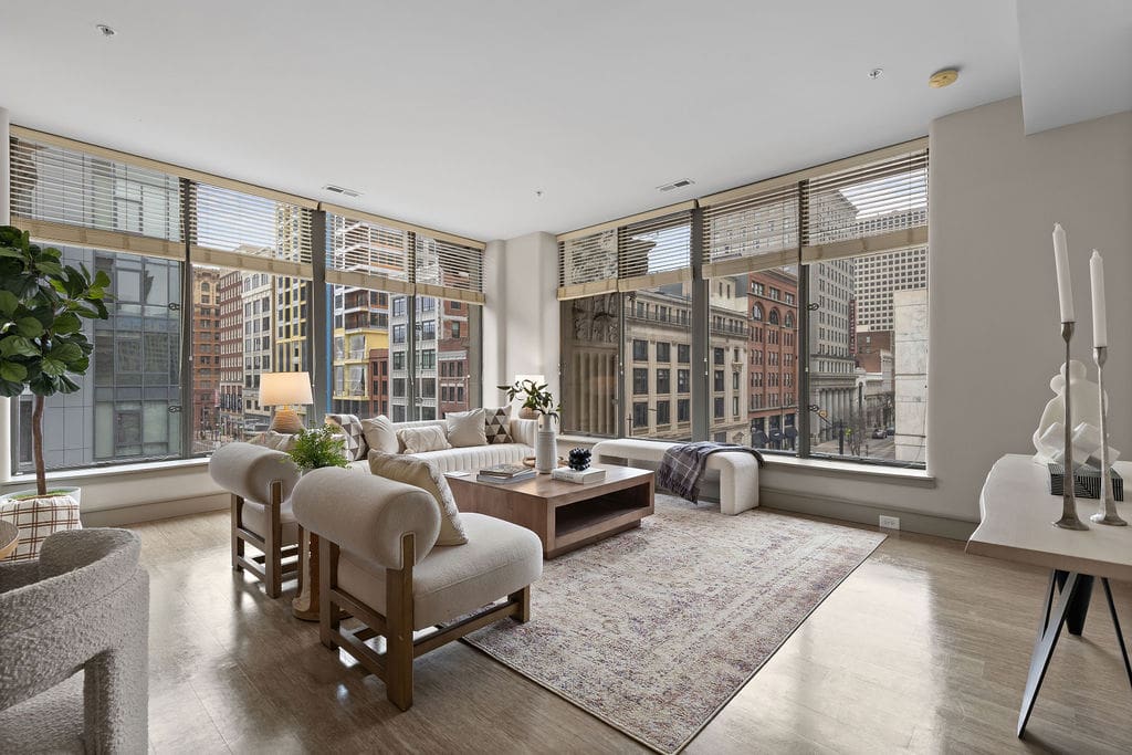 Corner lounge with large city-facing windows