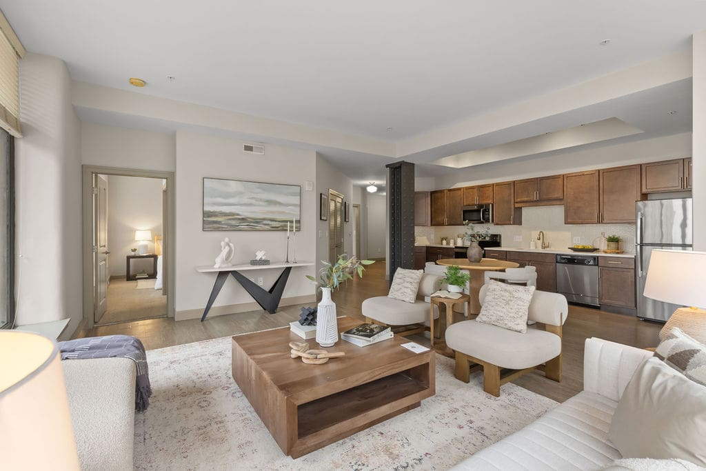 Cozy neutral living room with wooden coffee table