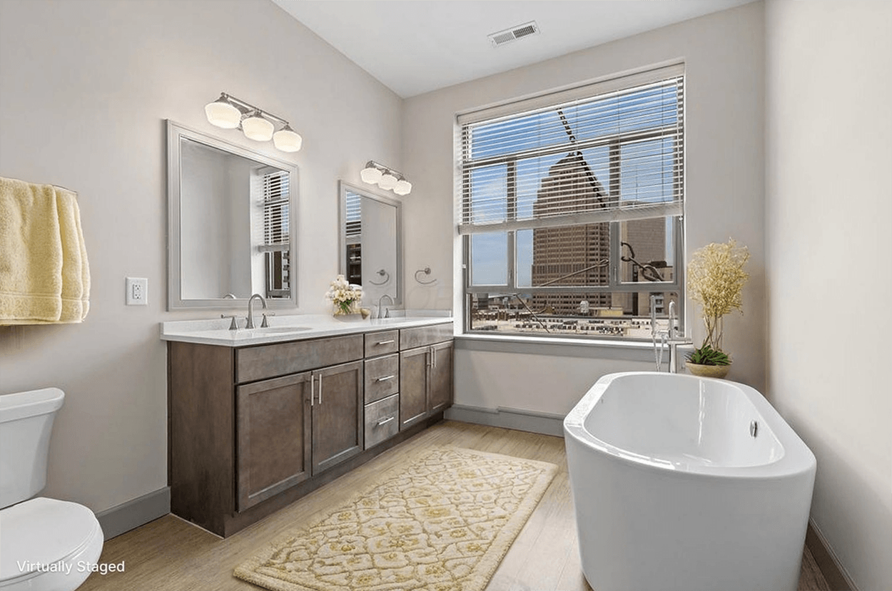 Modern bathroom with freestanding tub and vanity